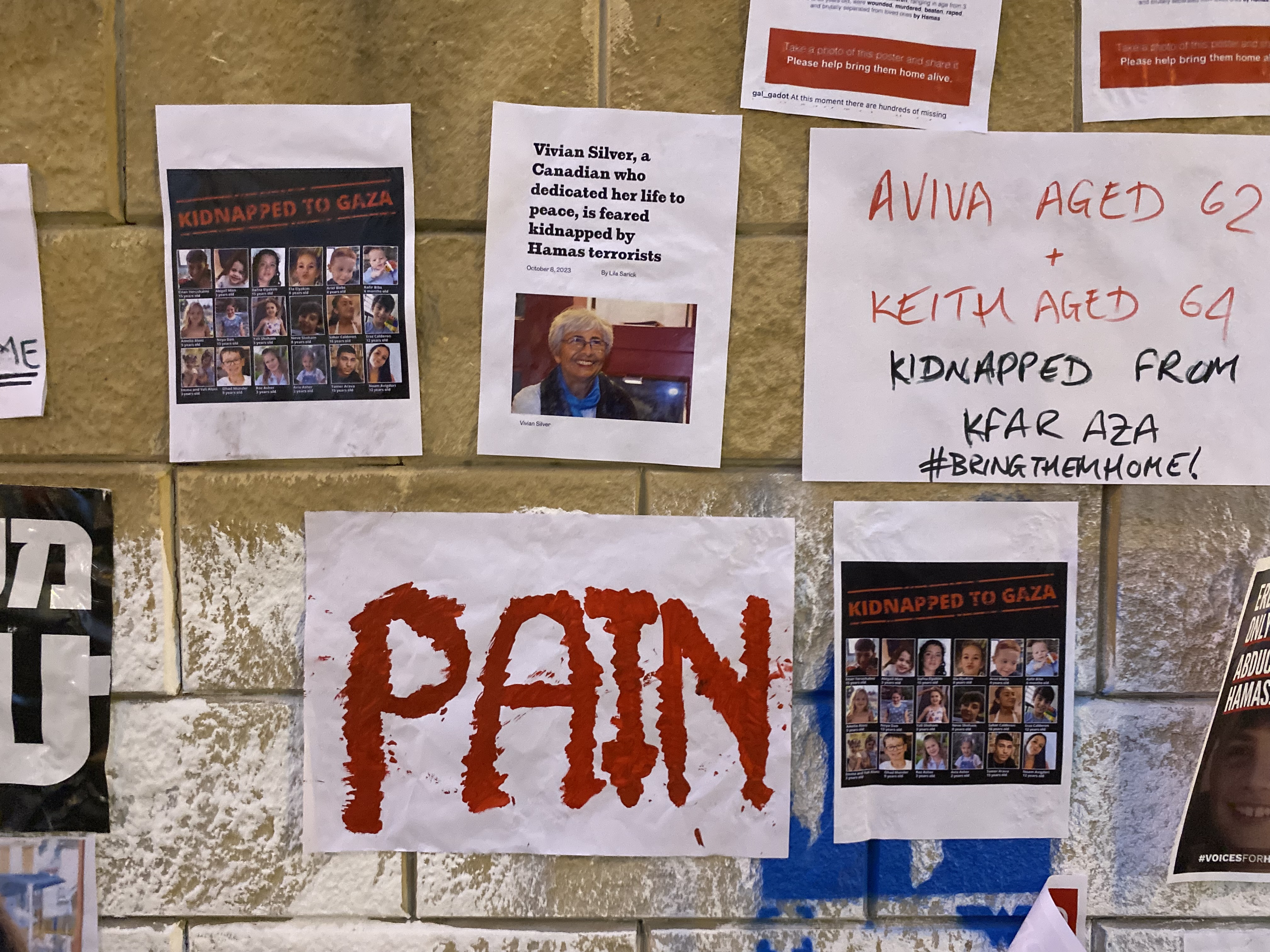 Photo of Vivian Silver, a Canadian missing from Kibbutz Be’eri since an attack by Hamas, at a rally for the 120 still unaccounted for.