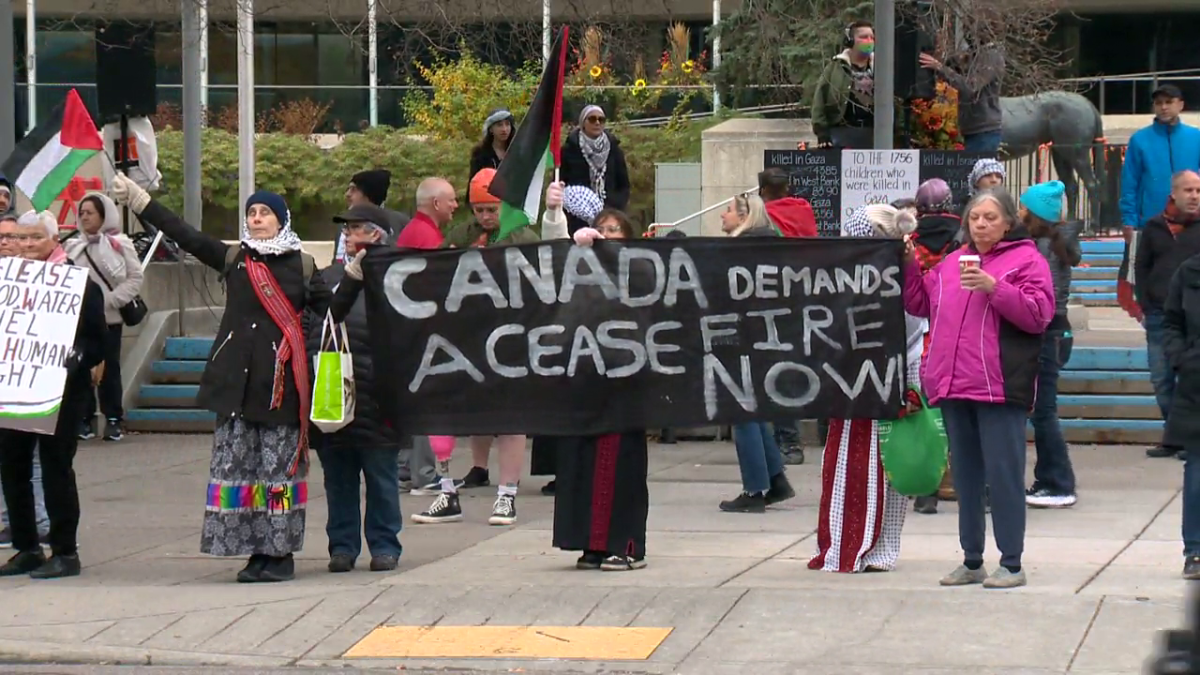 Around 330 people attended rallies in support of Palestine and Israel in Calgary on Sunday, Oct. 22, 2023.