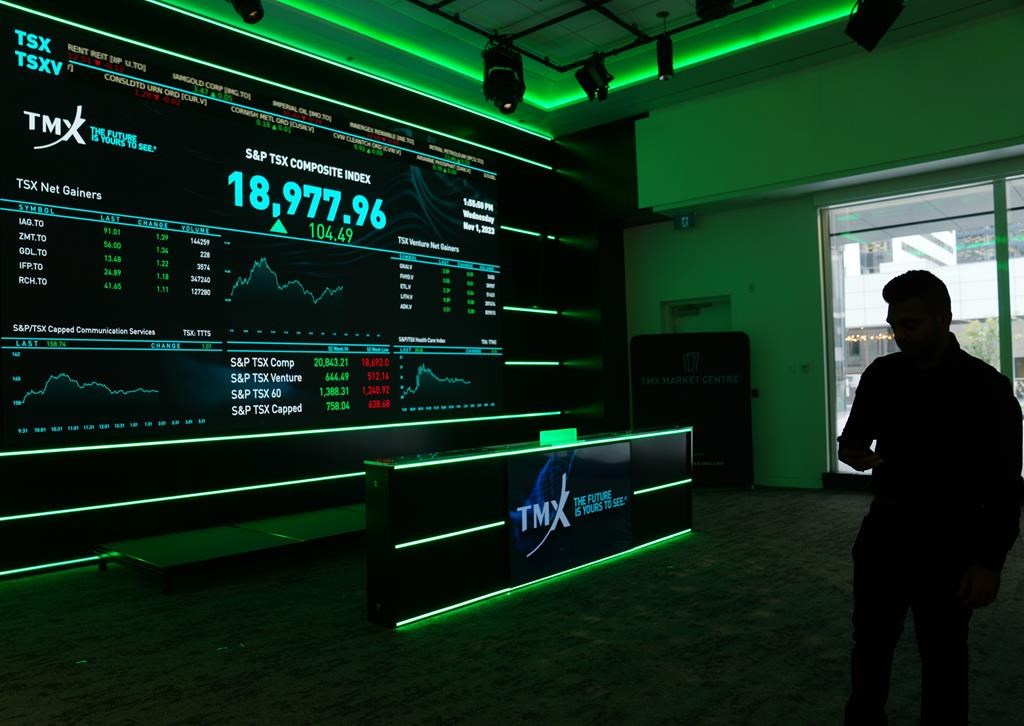 A signboard is displayed at the TMX in Toronto, Wednesday, Nov. 1, 2023. 