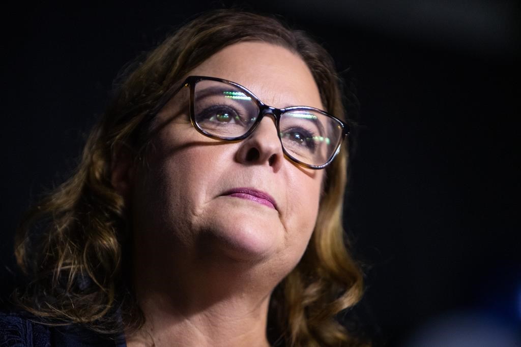 Manitoba Progressive Conservative Leader Heather Stefanson announces her resignation as party leader during a speech at an election night party in Winnipeg on Tuesday, Oct. 3, 2023.