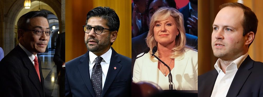 Ontario Liberal Party leadership hopefuls (left to right) Ted Hsu, Yasir Naqvi, Bonnie Crombie and Nathaniel Erskine-Smith are seen in a composite image of four photographs respectively taken in Toronto, on Friday, Sept. 30, 2022; in Ottawa on Friday, Dec. 9, 2022; in Mississauga, Ont. on Wednesday, June 14, 2023; in Ottawa on Tuesday, Nov. 15, 2022. 