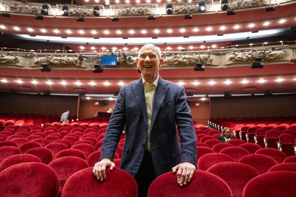 David Mirvish poses for a photo after announcing the return of The Lion King during at the Princess of Wales Theatre in Toronto, Tuesday, Nov. 21, 2023. 