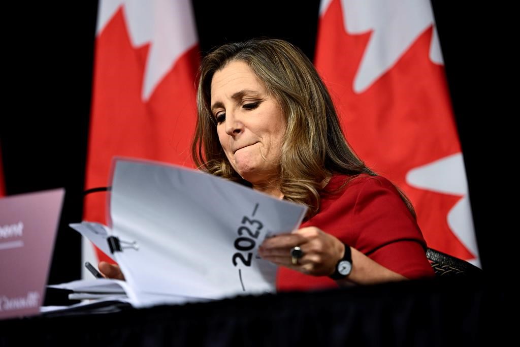Minister of Finance Chrystia Freeland arrives at a news conference before the tabling of the Fall Economic Statement, in Ottawa, on Tuesday, Nov. 21, 2023. 