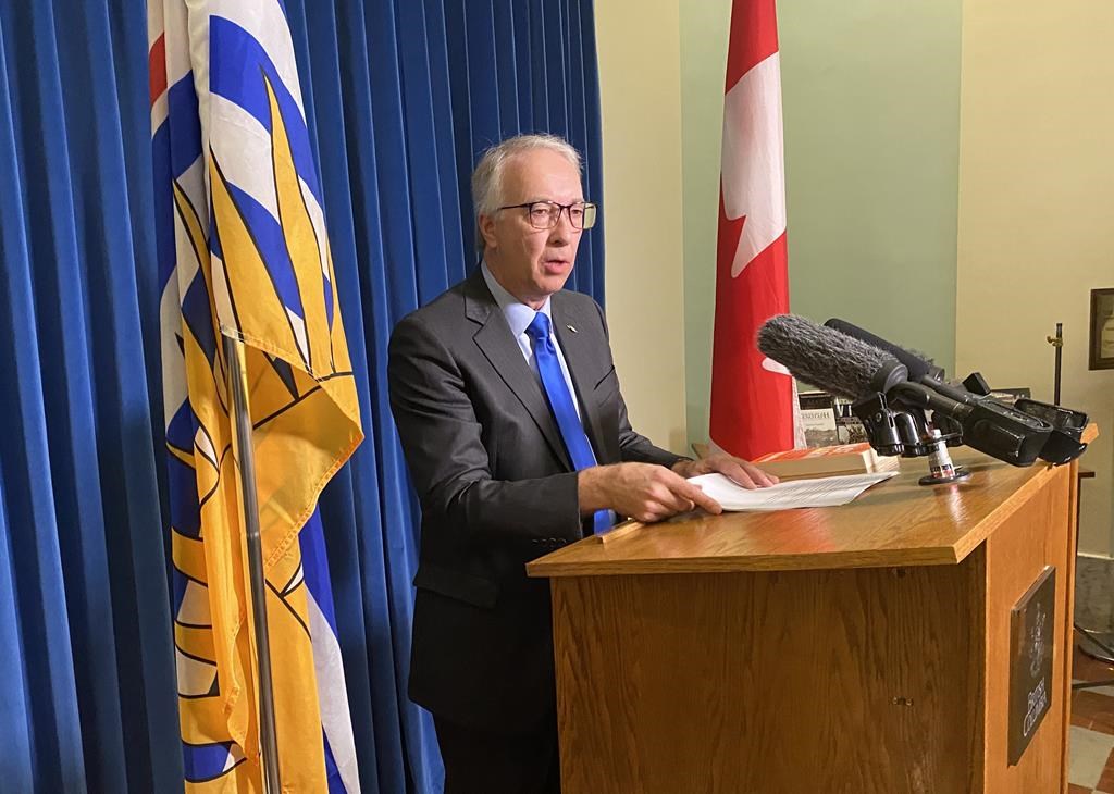 B.C. Conservative Leader John Rustad speaks at a news conference in Victoria on Wednesday, Nov. 22, 2023. Climate change has become a hot button political issue in British Columbia with opposition parties launching election-style attacks on the New Democrat government's clean climate policies. THE CANADIAN PRESS/Dirk Meissner.