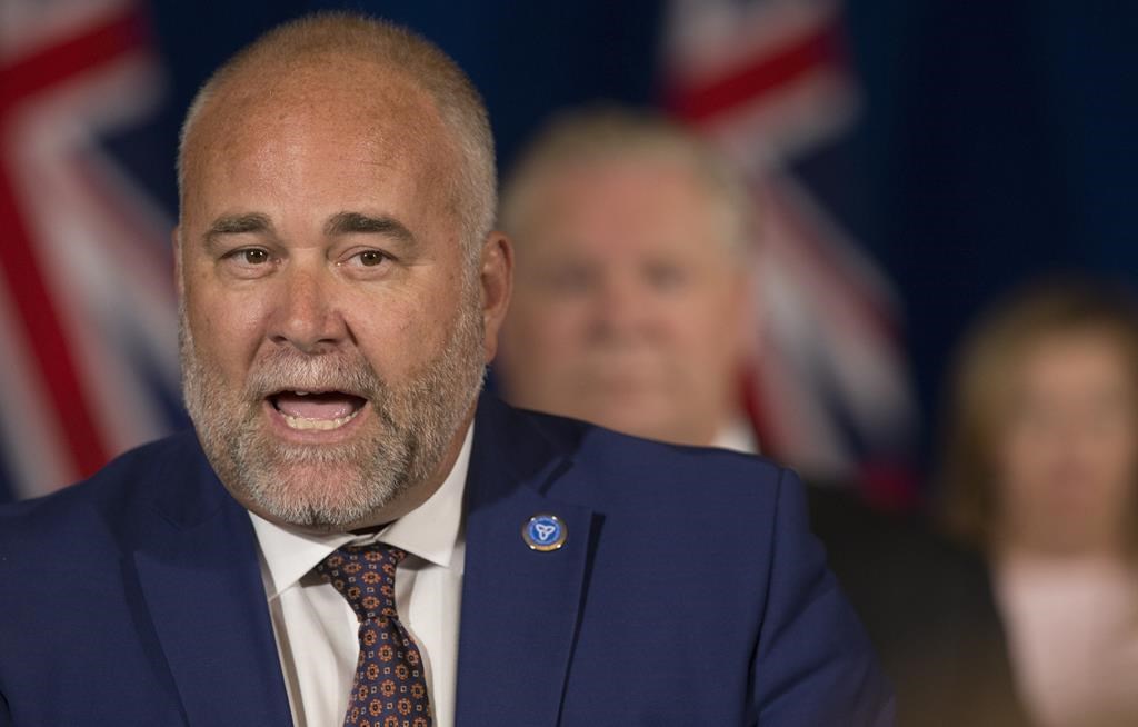 Ontario is putting nearly $6 million toward nine projects aimed at making use of hydrogen to power the province's electricity grid. Todd Smith, Minister of Children, Community and Social Services, speaks at the microphone at Queen's Park in Toronto, Thursday, June 4, 2020. 