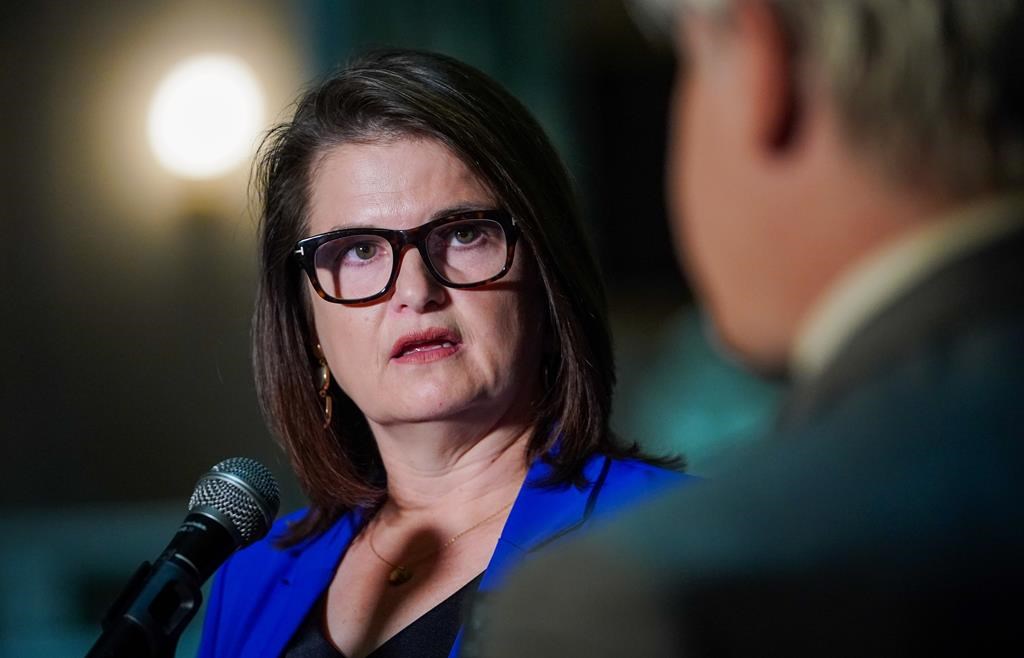 Saskatchewan NDP Leader Carla Beck speaks to the media at the Saskatchewan legislature in Regina, on Tuesday, Oct. 10, 2023. THE CANADIAN PRESS/Heywood Yu.