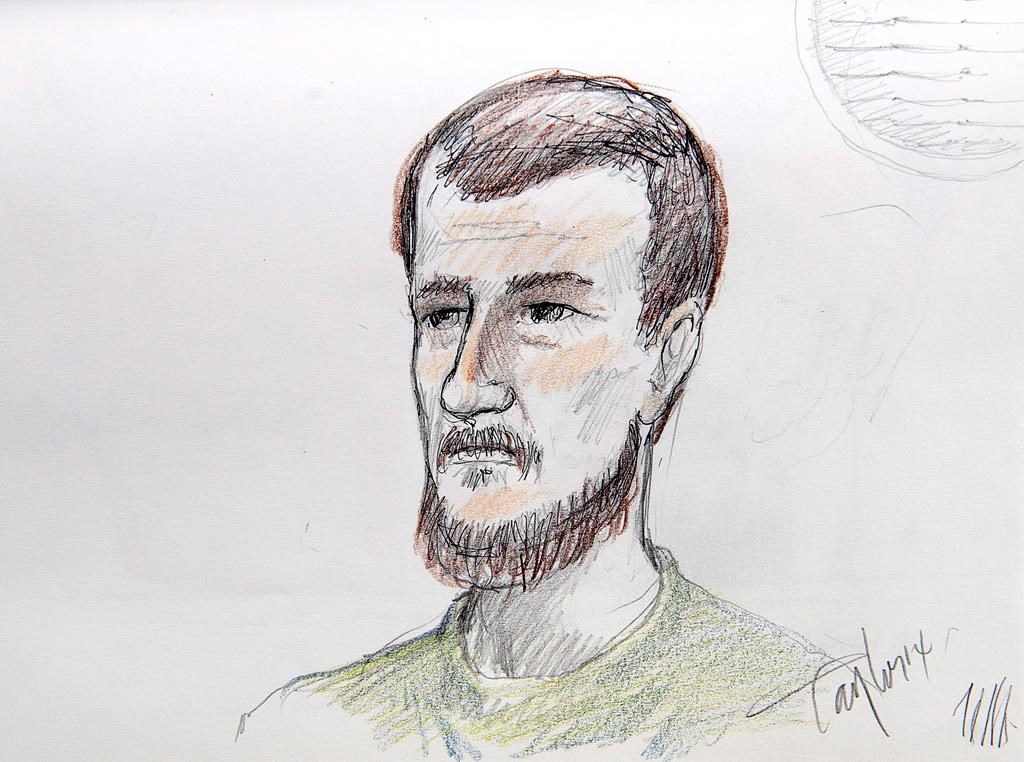 Justin Bourque is depicted in an artist's sketch at his sentencing hearing in Moncton, N.B., on Tuesday, Oct. 28, 2014. The man who fatally shot three New Brunswick Mounties in 2014 has been charged for allegedly assaulting another inmate in prison. THE CANADIAN PRESS/Carol Taylor.