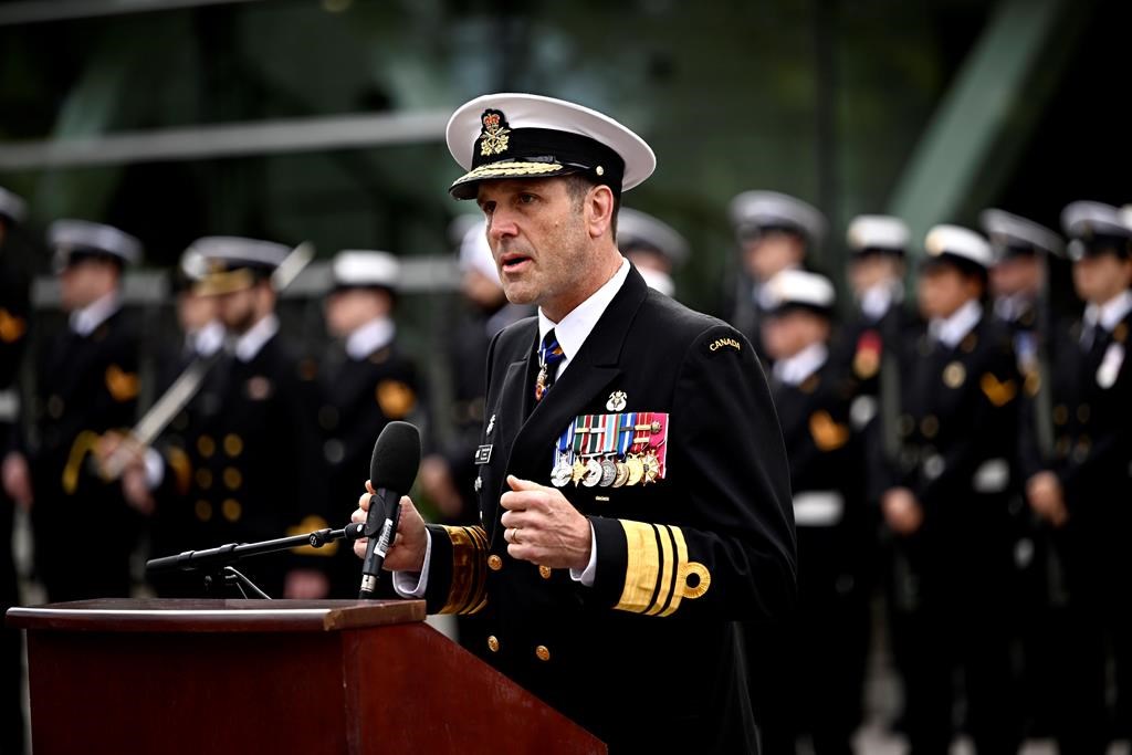 Vice-Admiral Angus Topshee, commander of the Canadian Navy, speaks during the rededication of the National Naval Reserve Monument at HMCS Carleton in Ottawa, on Saturday, Oct. 14, 2023. Topshee says the force is in a "critical state" with many occupations at or below 80 per cent of their normal staffing.
