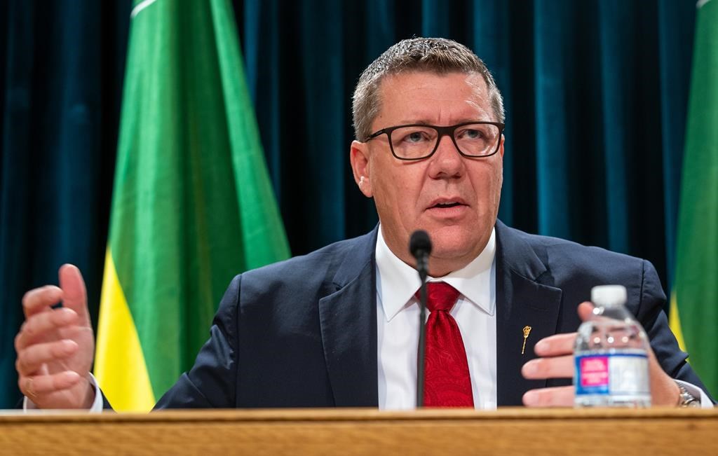 Saskatchewan Premier Scott Moe speaks during a press conference in Regina, on Wednesday, Oct. 25, 2023.