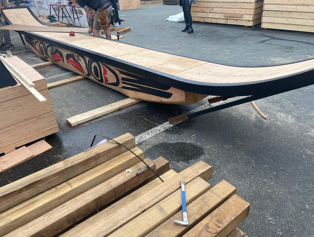 A canoe covered in Indigenous art is used as part of a skateboarding course