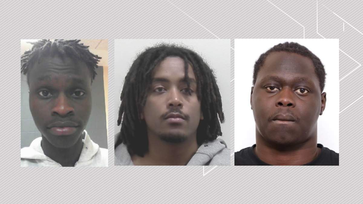 Three men Calgary police are looking for on Canada-wide warrants in relation to a Sept. 2021 kidnapping and robbery (L to R): Agout Atak Agout, Eyuel Tamrat and Bol Atak Agout.