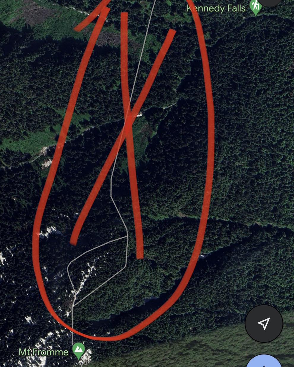 Google Maps screenshot showing a non-existent trail linking Mount Fromme and Kennedy Falls in B.C.