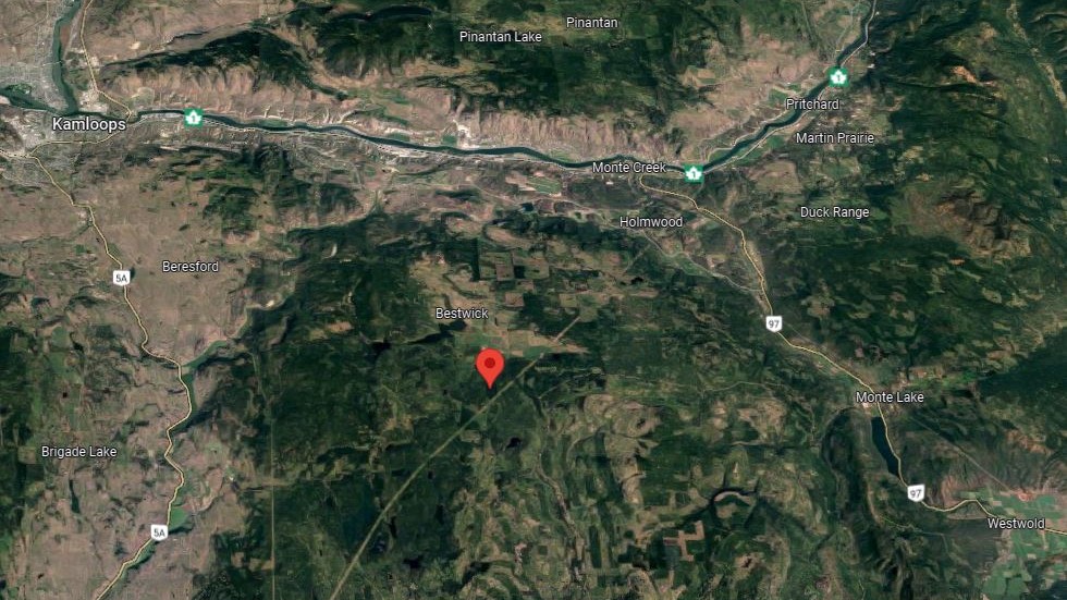 A map showing the site of the aircraft wreckage in B.C.'s Southern Interior.