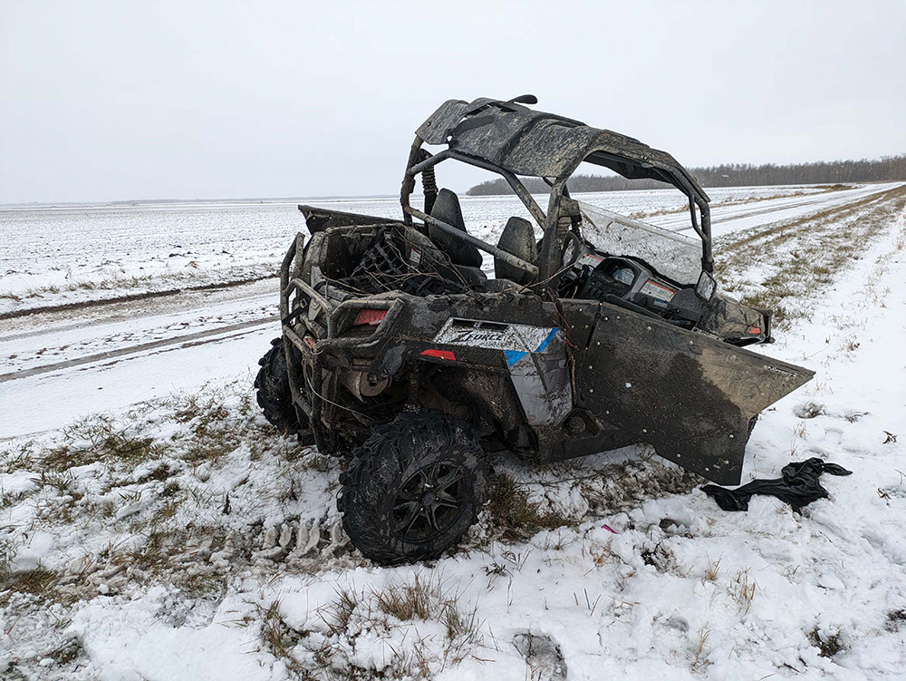 Manitoba RCMP say suspects fled into the woods after abandoning this stolen off-road vehicle. 
