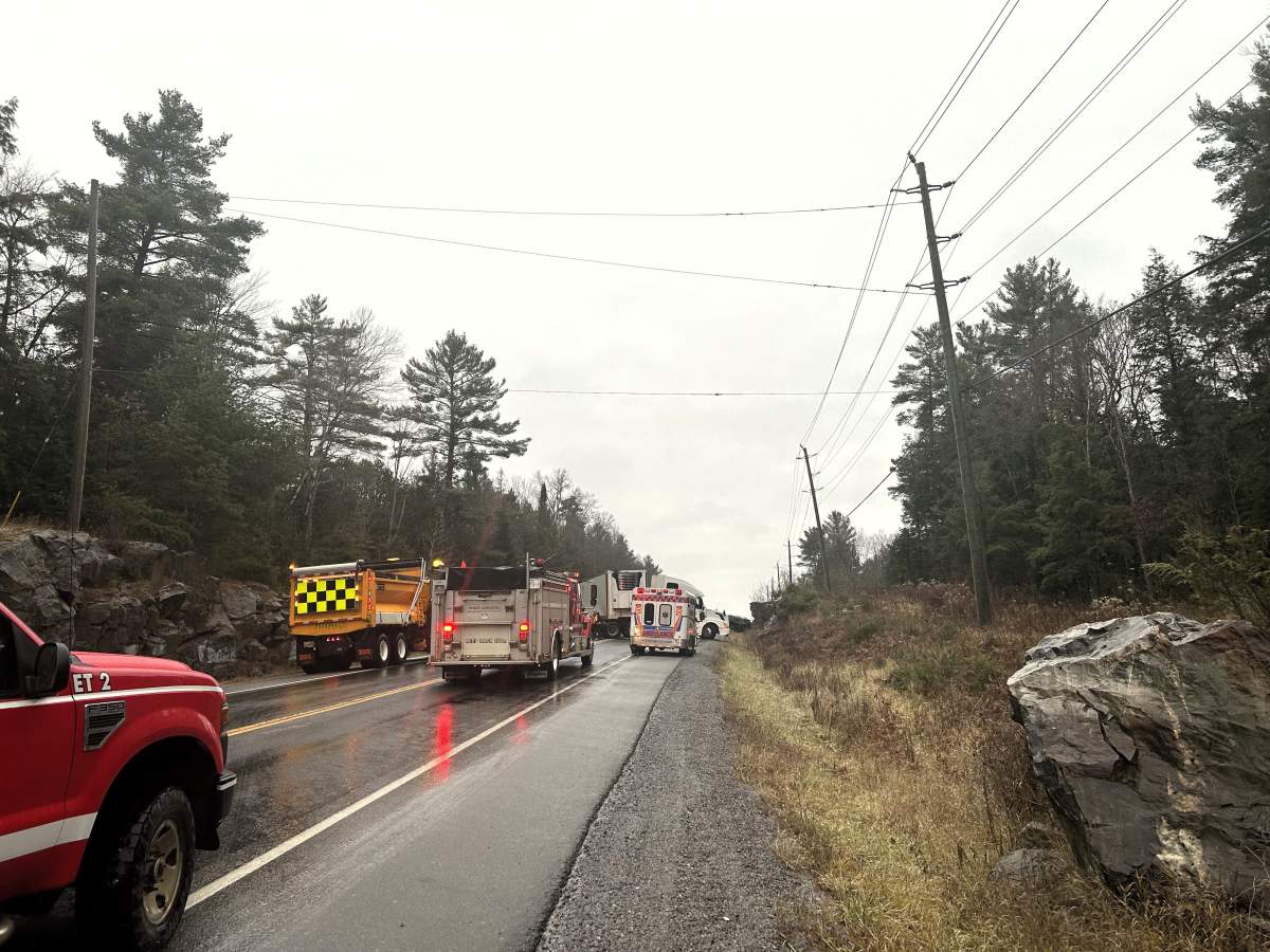 A tractor-trailer jack-knifed on Highway 28 north of the village of Apsley, Ont., on Nov. 21, 2023.