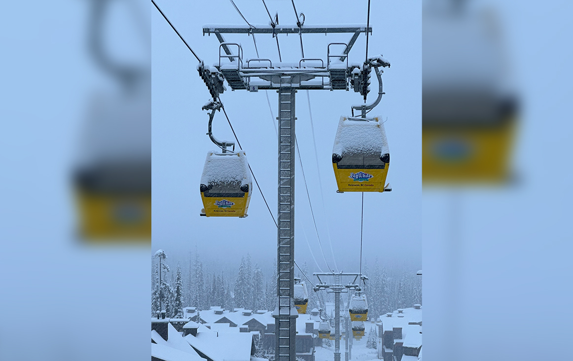 FILE. Gondolas covered in snow at Big White Ski Resort on Nov. 7, 2023. Opening day for the 2023-2024 season has been delayed a week as the resort waits for more snow accumulation.