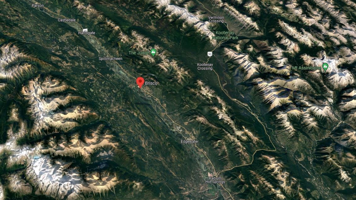 A map showing the location of Brisco, B.C., along Highway 95.