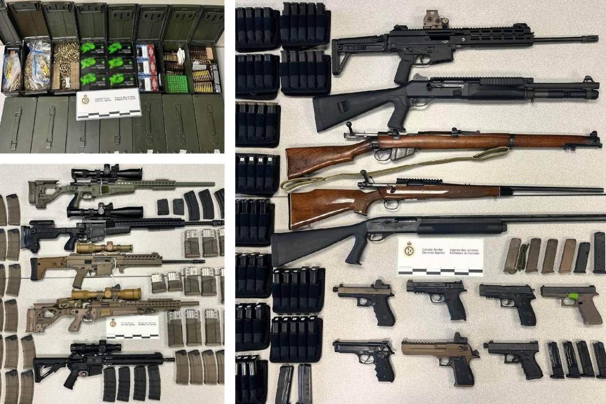 Firearms and magazines seized in October 2023 during the execution of a search warrant by the CBSA’s Ontario Firearms Smuggling Enforcement Team are displayed in this handout photo.