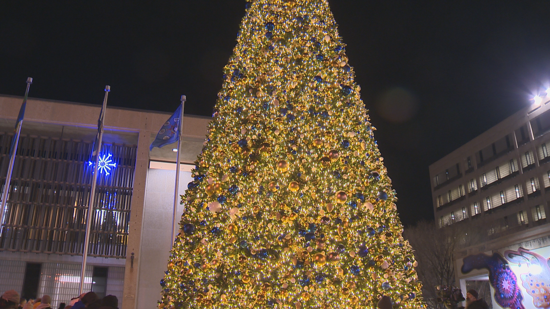 A 50-foot-tall Christmas tree by city hall in Winnipeg was lit up on Nov. 16, 2023.