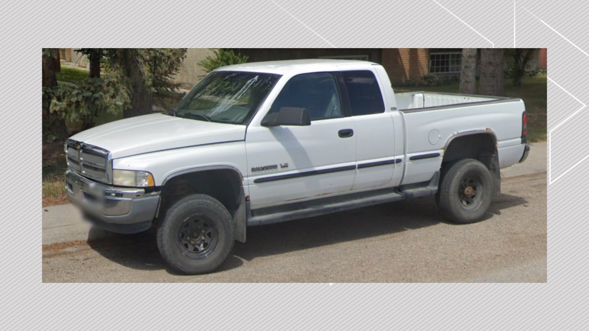 A 1998 white Dodge Ram pickup truck RCMP found on Nov. 3, 2023, that had human remains inside.