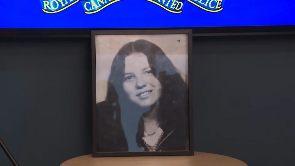 An undated photo of Pauline Brazeau is displayed at the Cochrane RCMP detachment during an announcement that a 73-year-old man has been charged in relation to Brazeau's death in 1976.