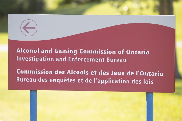 A sign for the Alcohol and Gaming Commission of Ontario at the Shorelines Casino Thousand Islands in Gananoque, Ont., on Friday, July 30, 2021.