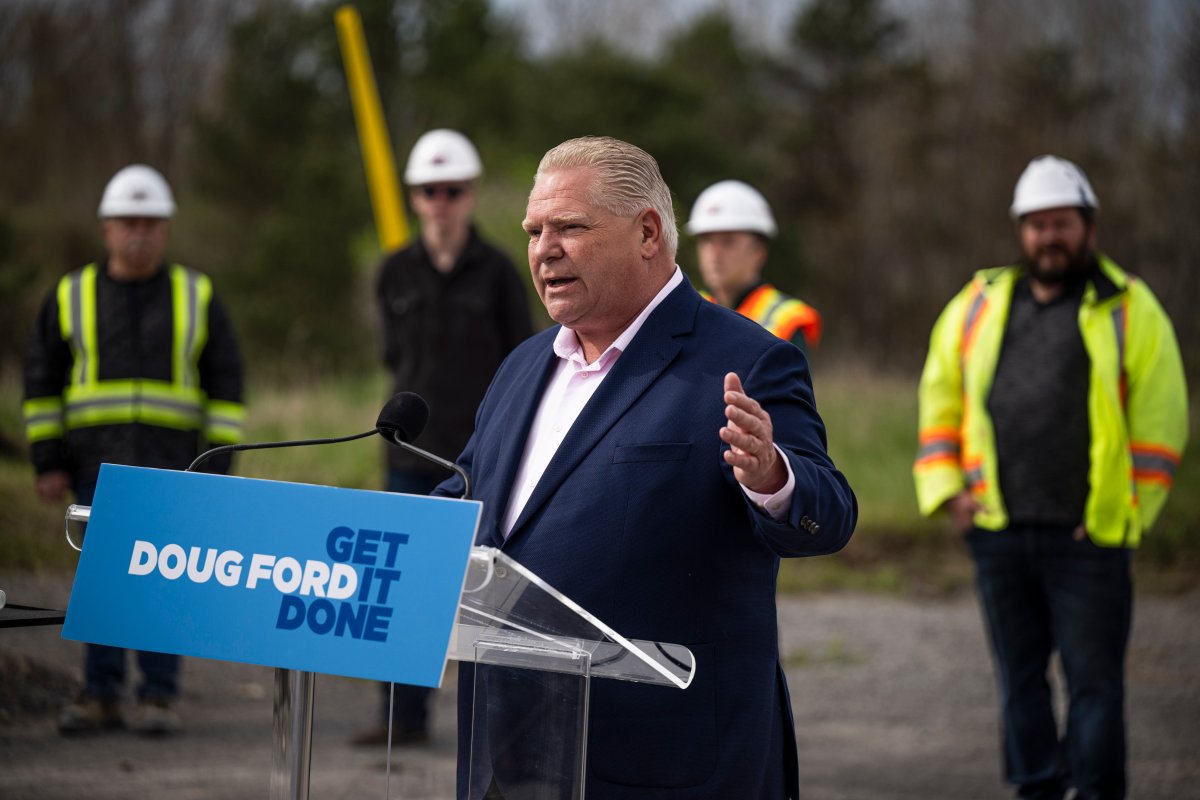 Ontario Premier Doug Ford makes an announcement about building transit and highways, during an election campaign event in Bowmanville, Ont., Friday, May 6, 2022. 
