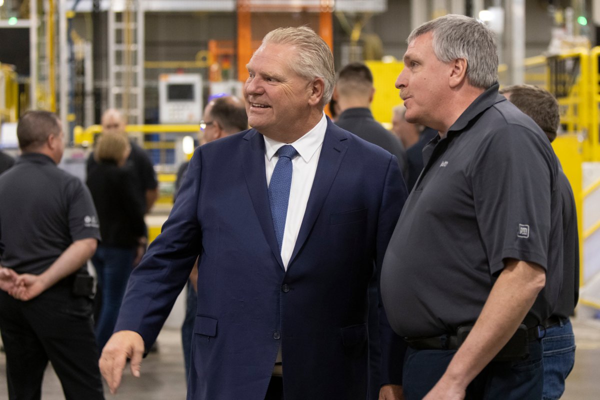 Premier Doug Ford tours the General Motors CAMI assembly plant in Ingersoll, Ont., on Monday, December 5, 2022. Prime Minister Justin Trudeau and Ford marked a Canadian milestone Monday, celebrating the launch of the country's first full-scale electric vehicle manufacturing plant.  