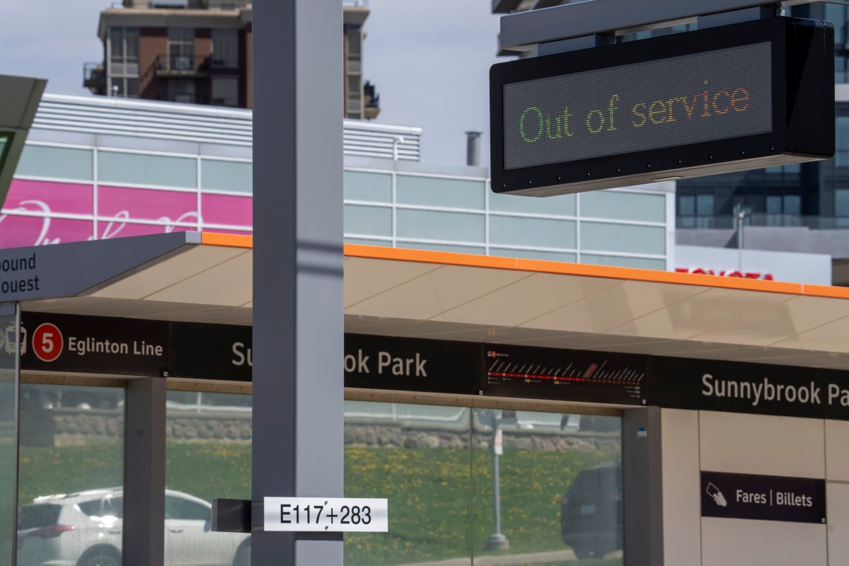 "Out of Service" signs are shown on the Eglinton Crosstown LRT in Toronto on Friday, May 5, 2023. The Eglinton Crosstown LRT has been under construction for 10 years.