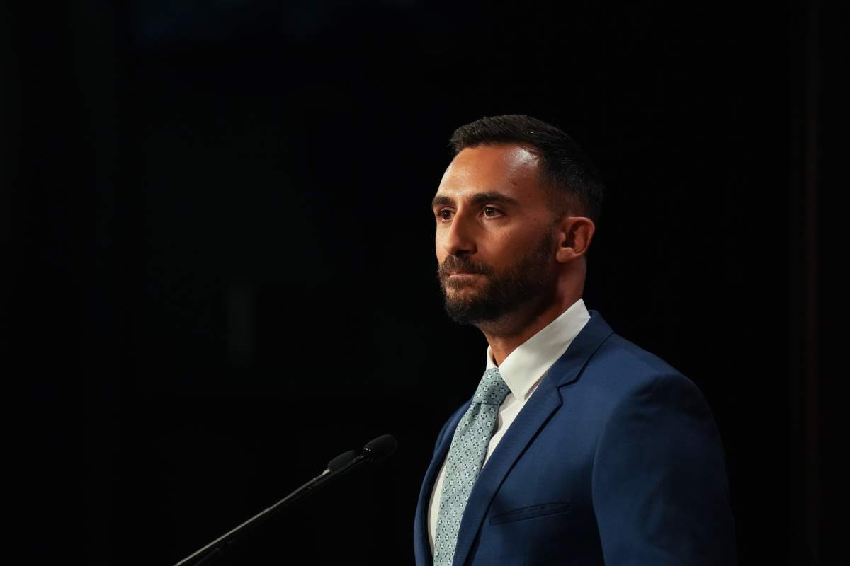 Ontario Education Minister Stephen Lecce speaks to journalists at the Queen's Park Legislature in Toronto on Friday  August 25, 2023. 