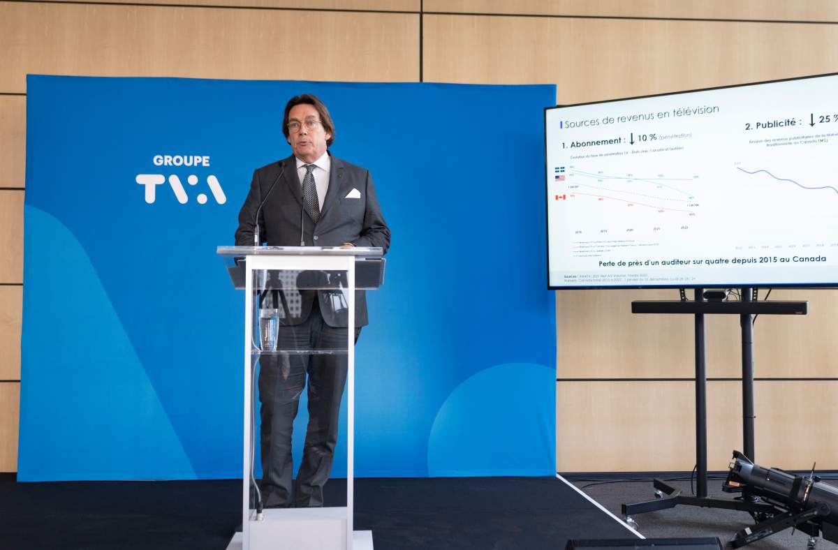 Quebecor Inc., president and CEO Pierre Karl Peladeau, announces that TVA Goup, will lay off more than 500 employees, in Montreal, Thursday, Nov. 2, 2023.