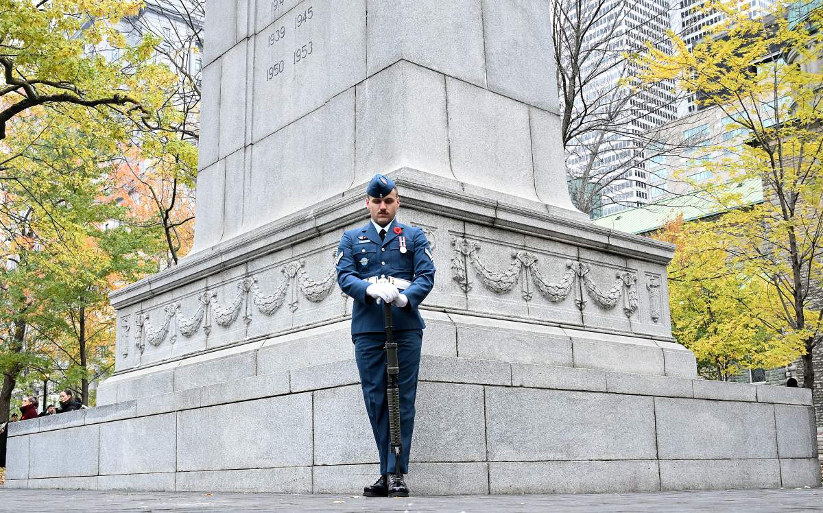 Cpl. Marcotte of the Canadian Air Force stands watch at the cenotaph during a Remembrance Day ceremony in Montreal, Saturday, November 11, 2023.