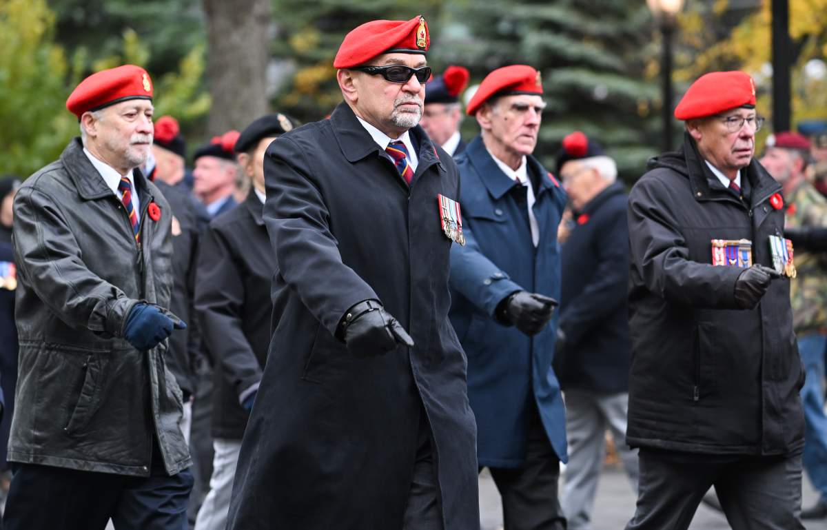 Canadian veterans march following a Remembrance Day ceremony in Montreal, Saturday, November 11, 2023.