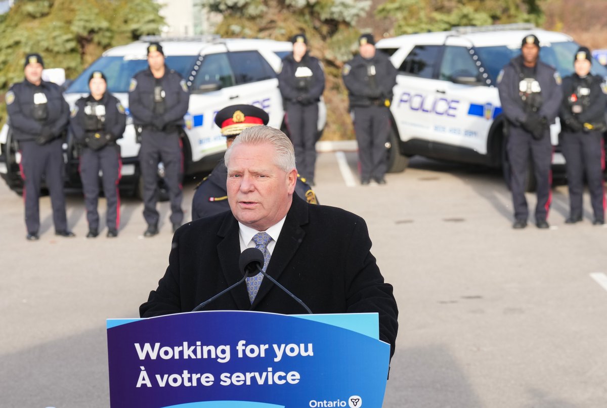 Ontario Premier Doug Ford speaks during a press conference at a Peel Regional police station in Mississauga, Ont., on Friday, November 24, 2023. The Ontario government is investing $18-million over three years to help police services combat and prevent auto theft, while protecting communities and keeping people and their property safe. THE CANADIAN PRESS/Nathan Denette.