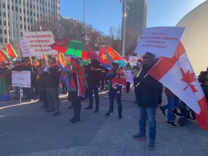 Three months after tensions boiled over at an Eritrean cultural gathering in Alberta's capital, dozens of members of that community held a rally at Edmonton's Sir Winston Churchill Square to call on the city to do more in response to what happened.