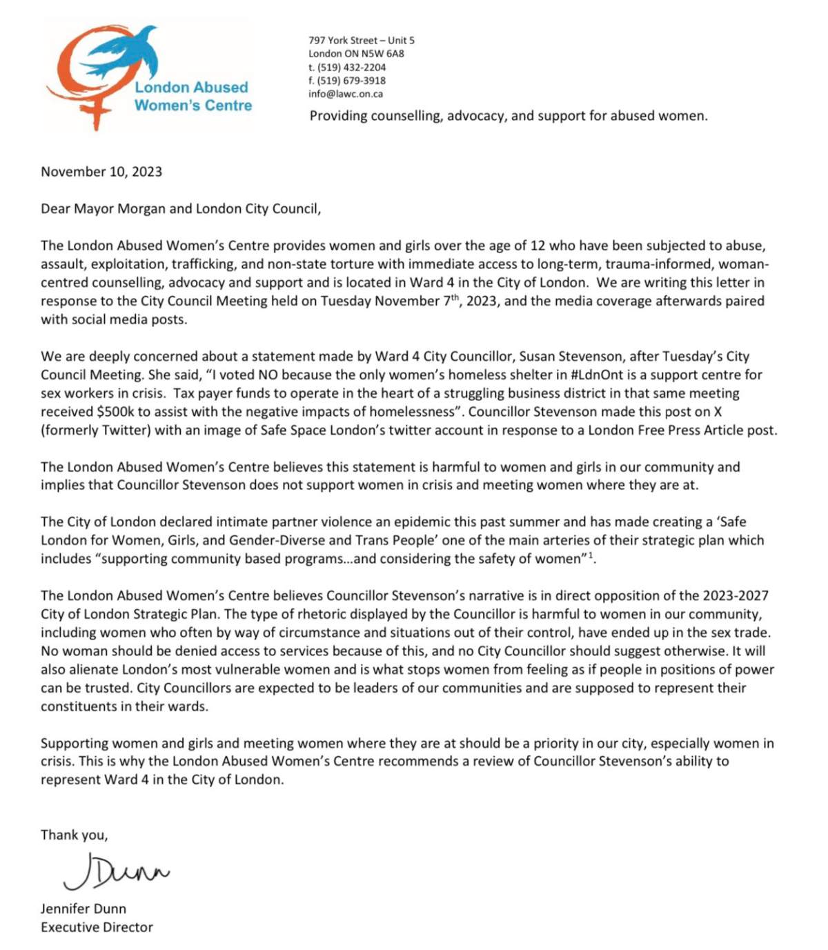 The letter from the London Abused Women’s Centre (LAWC) addressed to London Mayor Josh Morgan as well as other members of city council and the city’s integrity commissioner.