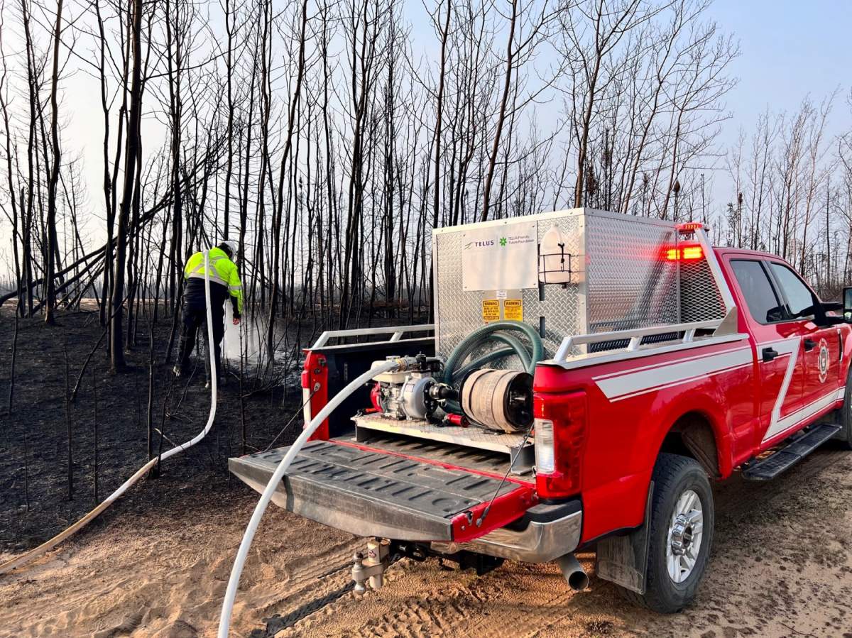 A brushfire skid being used to fight a wildfire.