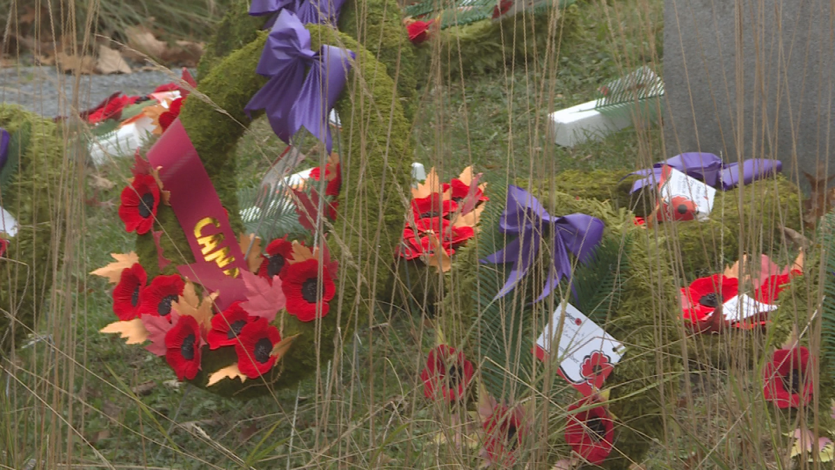 Wreaths laid at the foot of the Fredericton Cenotaph. 