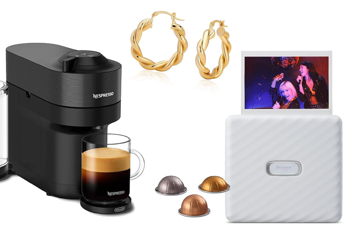 nespresso, gold earrings and a small printer