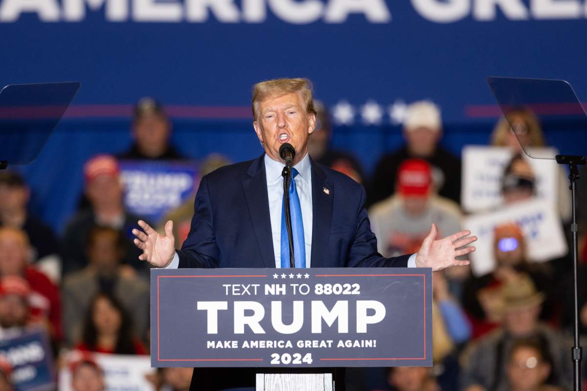 Republican presidential candidate former president Donald Trump delivers remarks during a campaign event on Nov. 11, 2023 in Claremont, N.H.