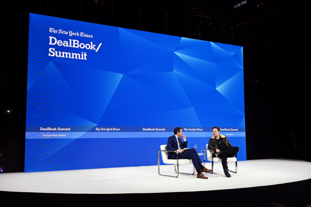 (L-R) Andrew Ross Sorkin and Elon Musk speak onstage during The New York Times Dealbook Summit 2023 at Jazz at Lincoln Center on Nov. 29, 2023 in New York City.