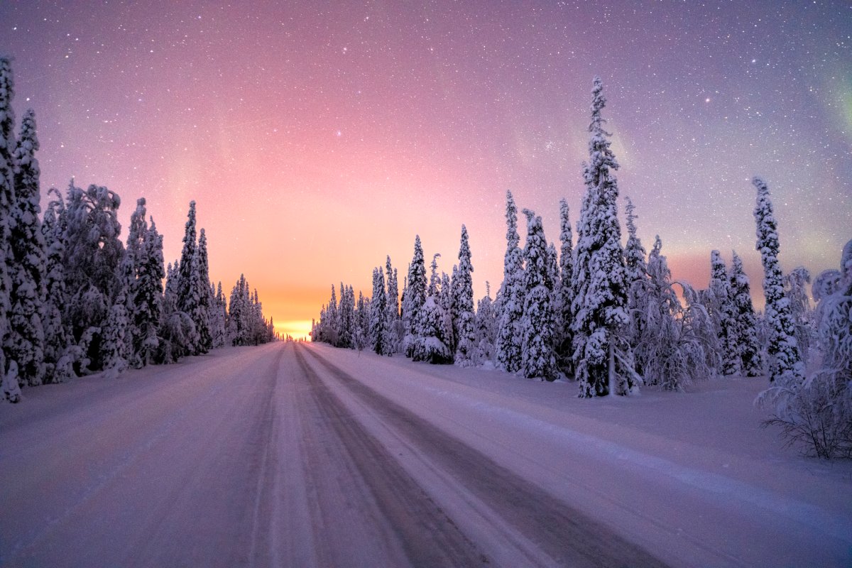 Empty frozen road in a winter snowy forest under Northern Lights, Iso Syote, Lapland, Finland.