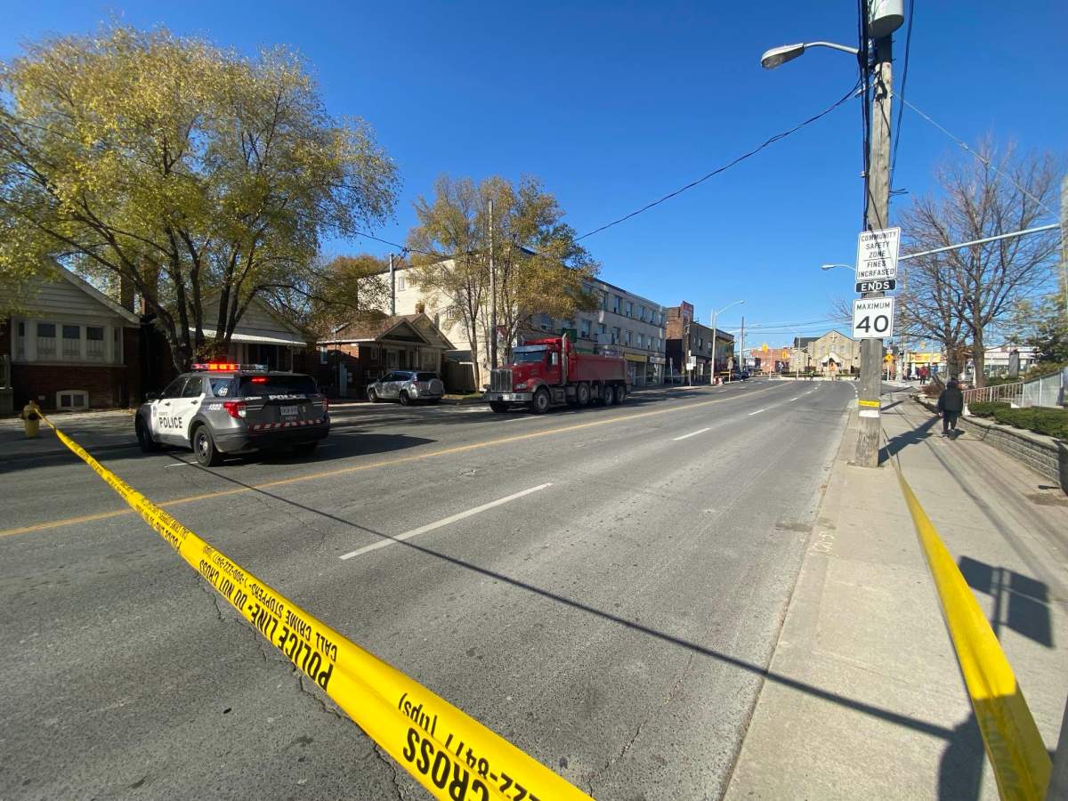 Toronto police say a man was struck by a dump truck around Eglinton Avenue and Dufferin Street on Nov. 13, 2023.