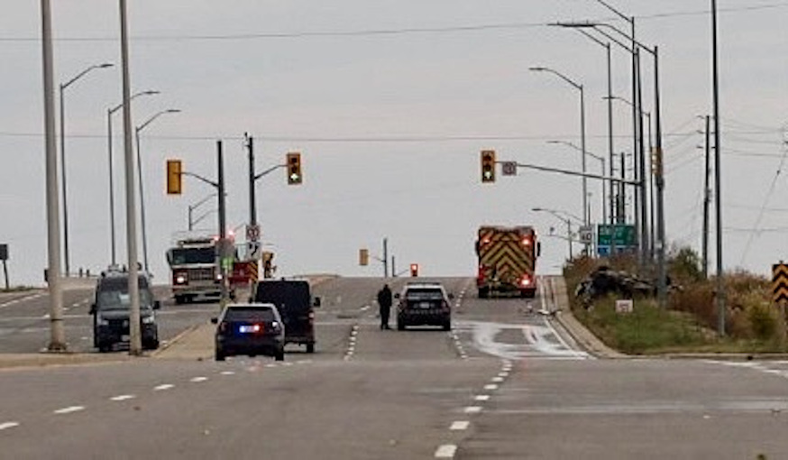 One man is dead following a three-vehicle crash at the intersection of Dundas Street West and the 403 westbound off ramp on Nov. 6, 2023.