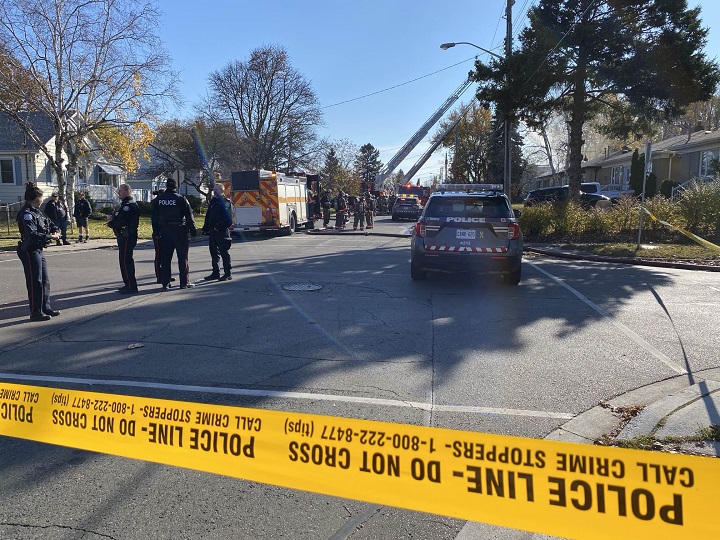 Emergency crews battle blaze that collapsed home in Toronto, Nov. 12, 2023.