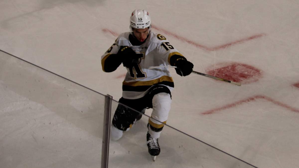 Kingston Frontenacs forward, Ethan Miedema celebrates after scoring the game-winning goal versus the Barrie Colts Friday night at the Leon's Centre.