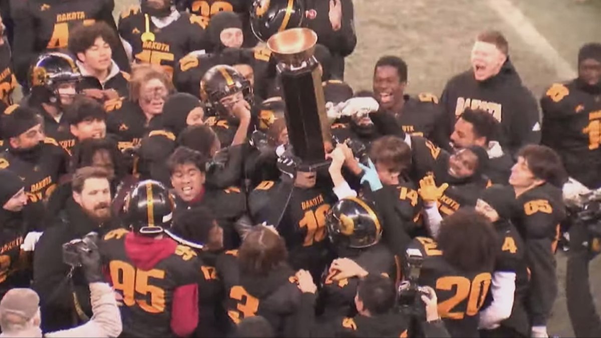 The Dakota Lancers celebrate their first ever football championship at IG Field. Credit: LRSD-TV.