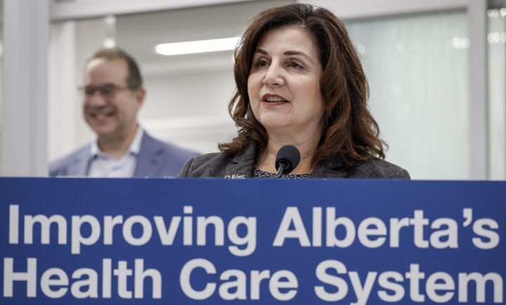 Alberta Minister of Health Adriana LaGrange speaks at the opening of the emergency room at Peter Lougheed hospital in, Calgary, Alta., Tuesday, Aug. 22, 2023.