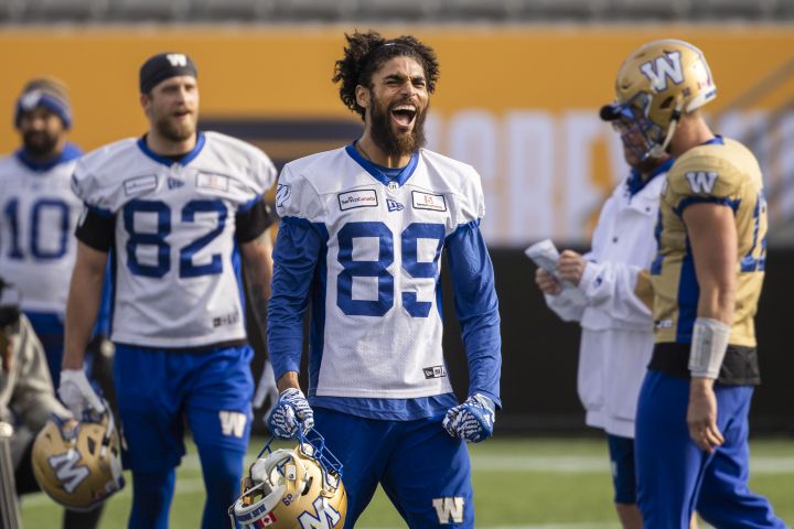 Winnipeg Blue Bombers wide receiver Kenny Lawler (89) reacts to a play during practice in Hamilton, Ont., Thursday, Nov. 16, 2023. Winnipeg Blue Bombers will play the Montreal Alouettes in the 110th Grey Cup on Sunday.