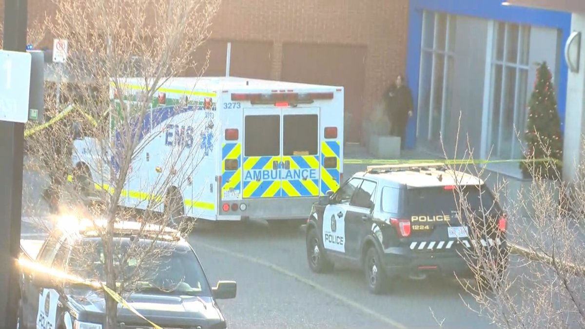 Police and EMS are pictured at Calgary's Market Mall on Nov. 24, 2023, following a report of an assault with a weapon.